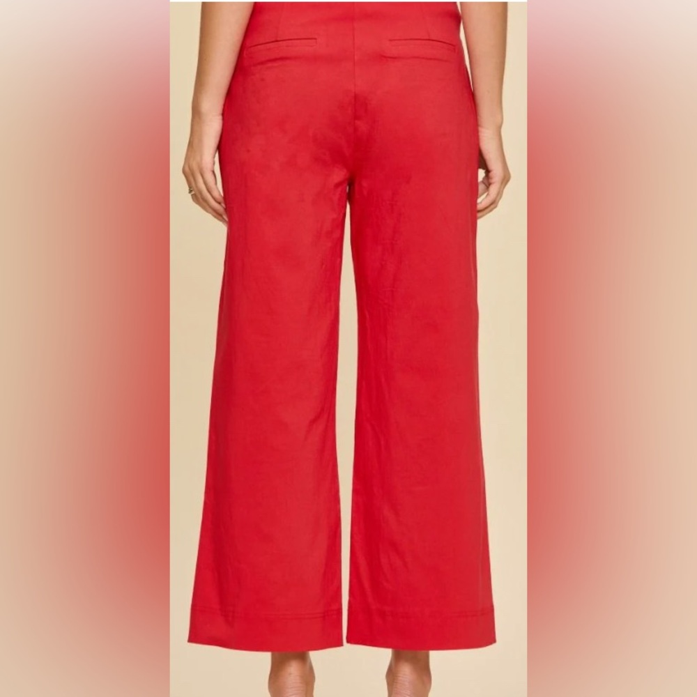 RED HIGH-RISE RAYON BLEND WIDE LEG CROPPED PANTS: Size Small - Picture 3 of 7